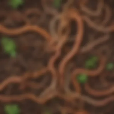 Earthworms in soil with roots