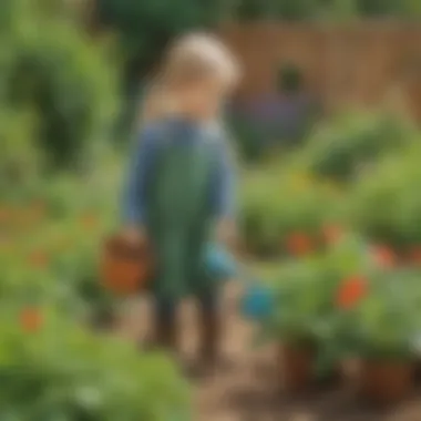 A child watering plants in a garden