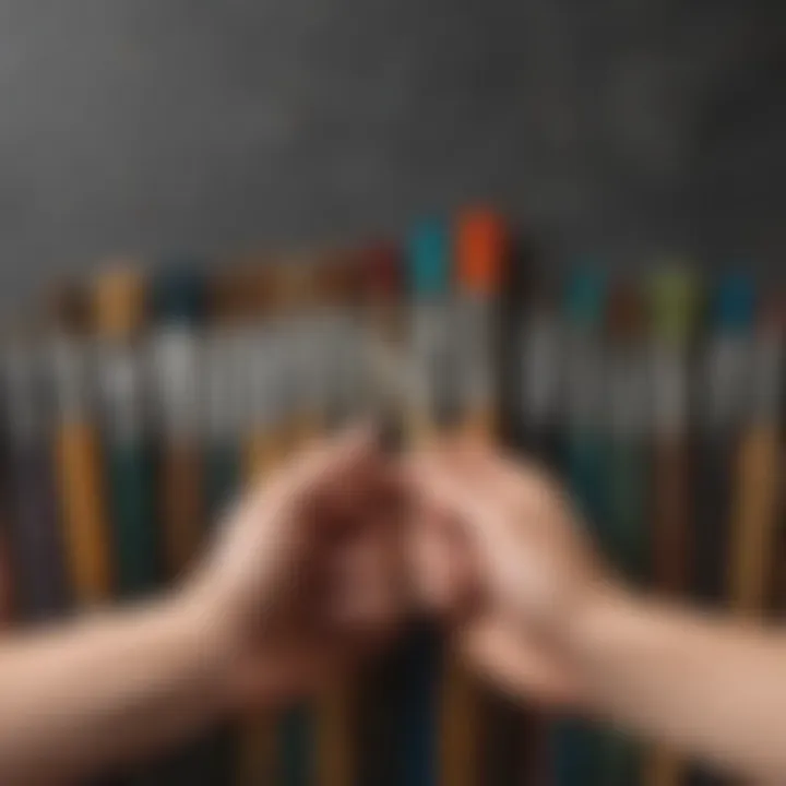 Artist's hand holding a selection of paintbrushes