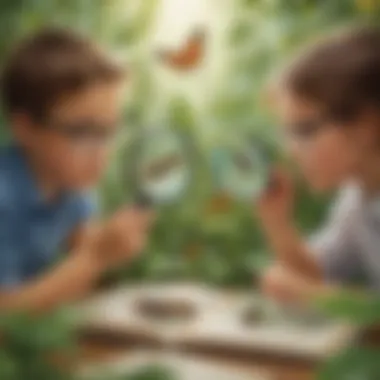 Insect Exploration with Magnifying Glasses Kids examining insects with magnifying glasses