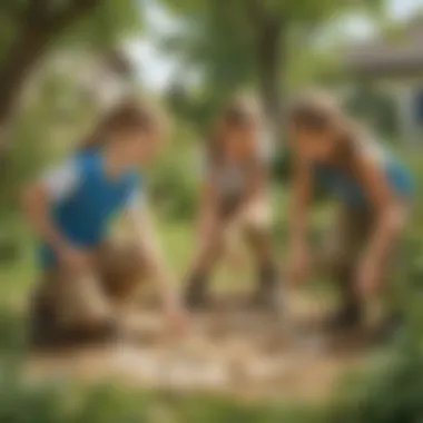 Group of children playing an outdoor treasure hunt game