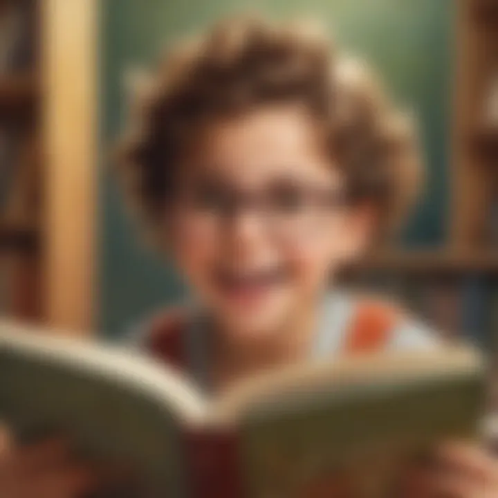 Happy child reading a book with enthusiasm