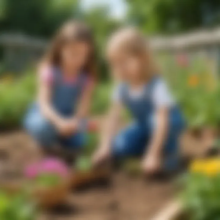 Preschoolers planting flowers in a gardening activity in summer