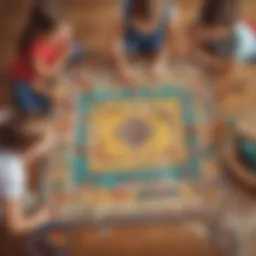 A colorful board game spread across a table with children engaged in play.