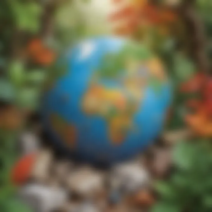 A colorful globe surrounded by various nature elements like leaves and rocks.