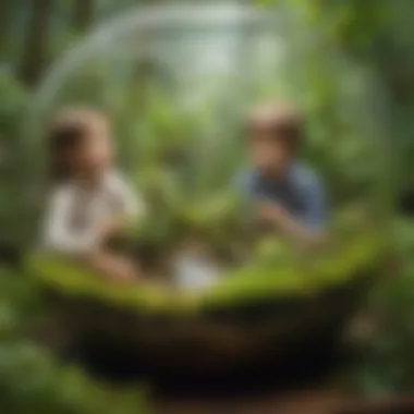 Children observing diverse ecosystem in a terrarium