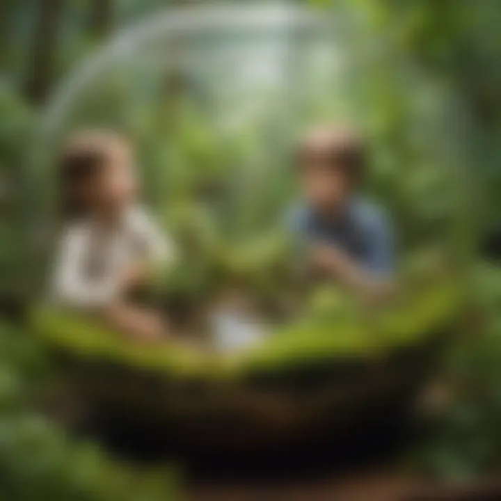 Children observing diverse ecosystem in a terrarium