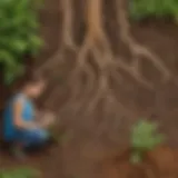 Child exploring plant roots in soil