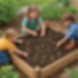 First graders planting seeds in a garden bed