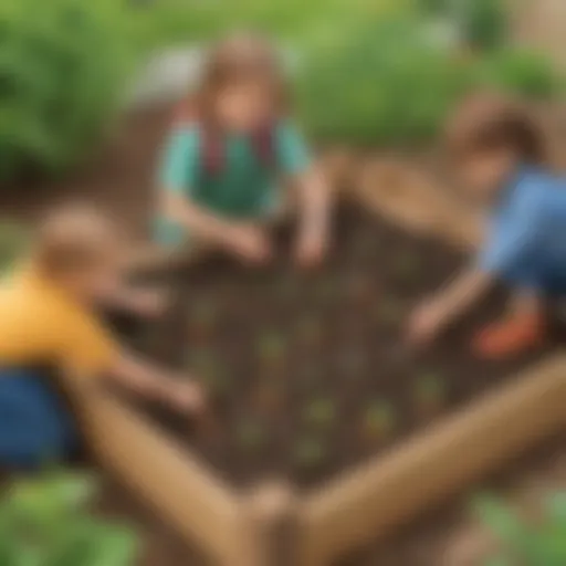 First graders planting seeds in a garden bed