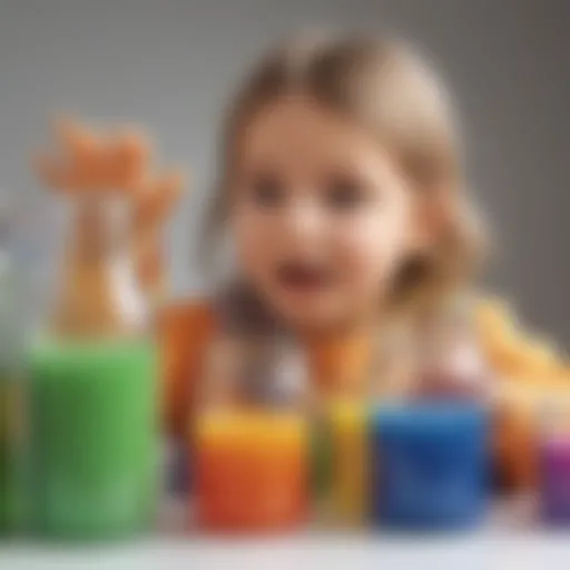 A young child observing a colorful chemical reaction in a clear container.