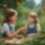 Children observing a butterfly in a garden