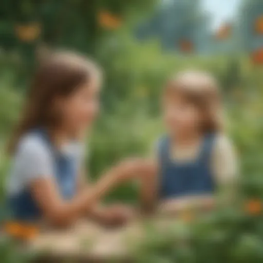 Children observing a butterfly in a garden
