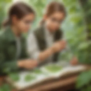 Young scientists examining leaves with a magnifying glass