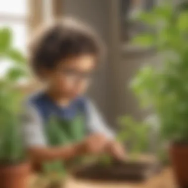 Preschooler examining a plant growth experiment