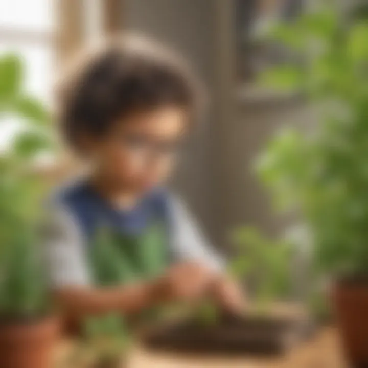 Preschooler examining a plant growth experiment