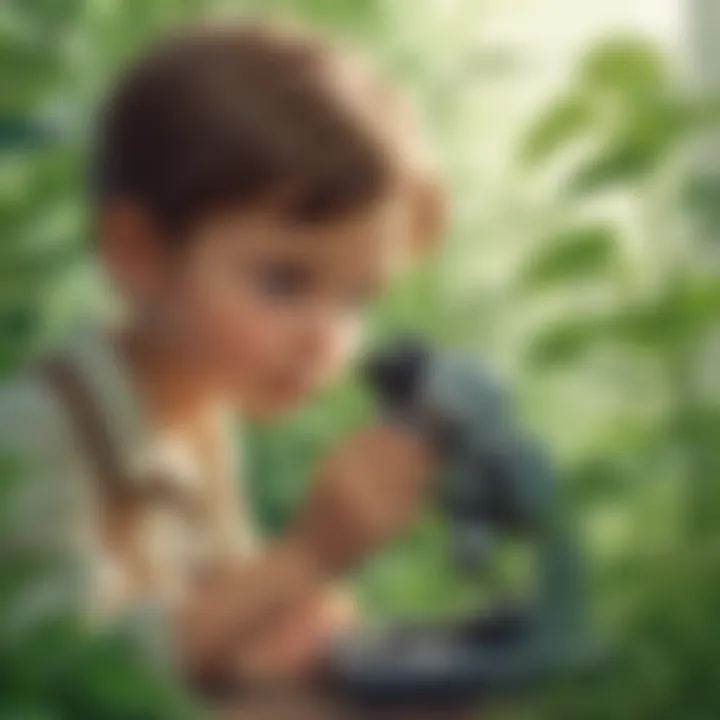 A child examining a plant under a microscope with curiosity