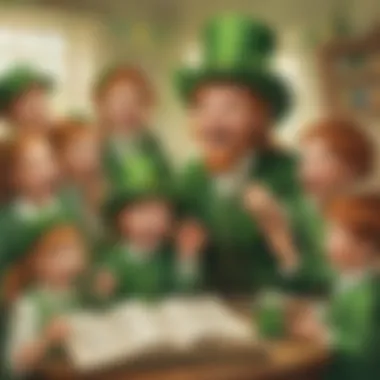 Kids engaged in storytelling about St. Patrick's Day with vibrant visuals.