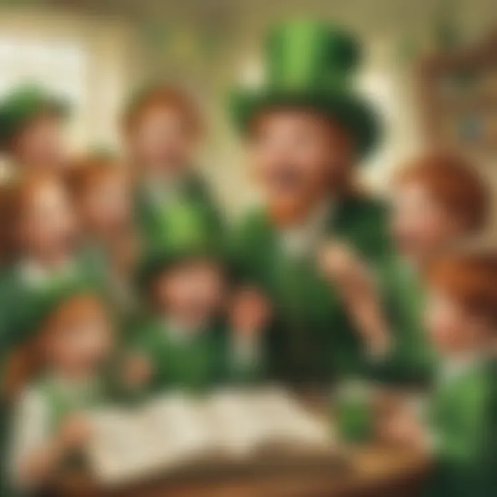 Kids engaged in storytelling about St. Patrick's Day with vibrant visuals.