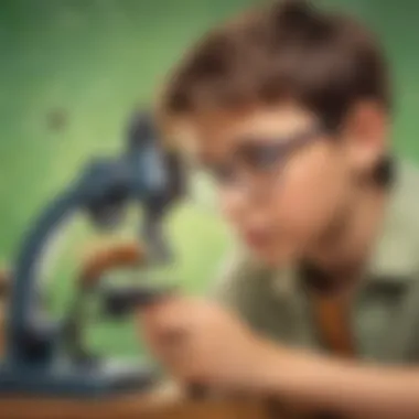 Enthusiastic young boy observing a magnified insect through a microscope