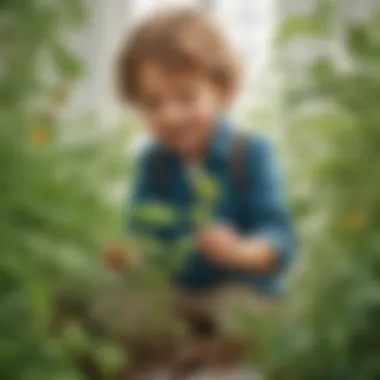 Excited child exploring plant growth