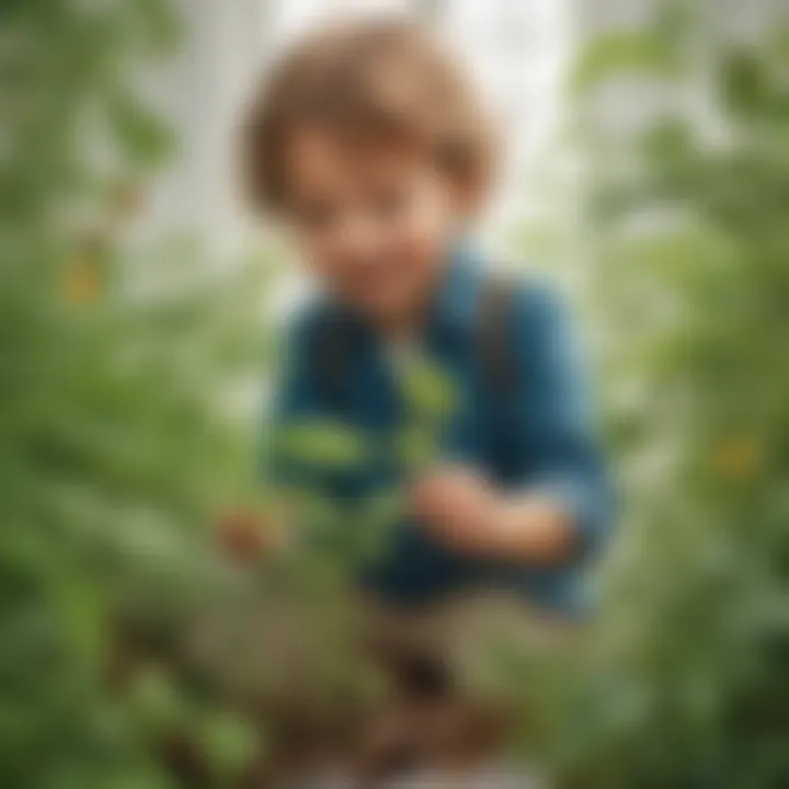 Excited child exploring plant growth