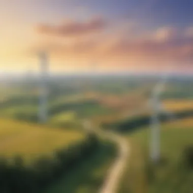 Wind turbines generating electricity in a rural landscape