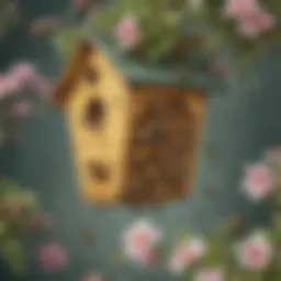 Botanical Illustration of Hanging Bee House with Bees Pollinating Flowers