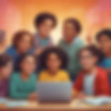 Illustration of diverse group of children collaborating on a coding project with enthusiasm