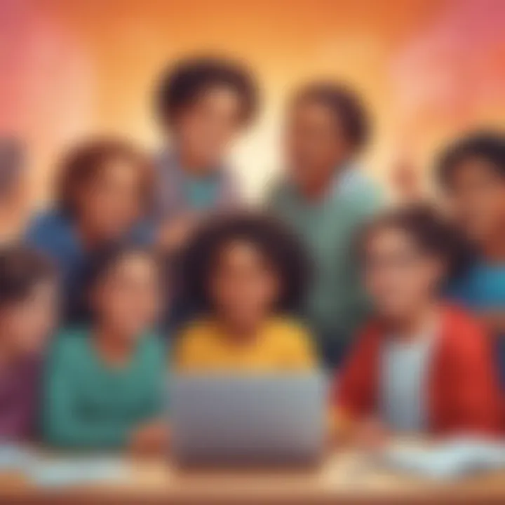 Illustration of diverse group of children collaborating on a coding project with enthusiasm