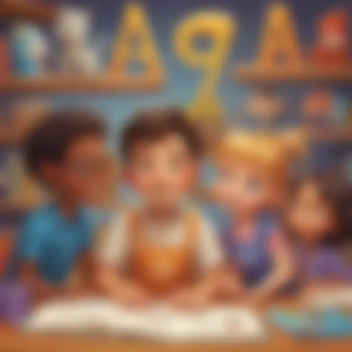 Illustration of a diverse group of animated characters learning alphabet letters
