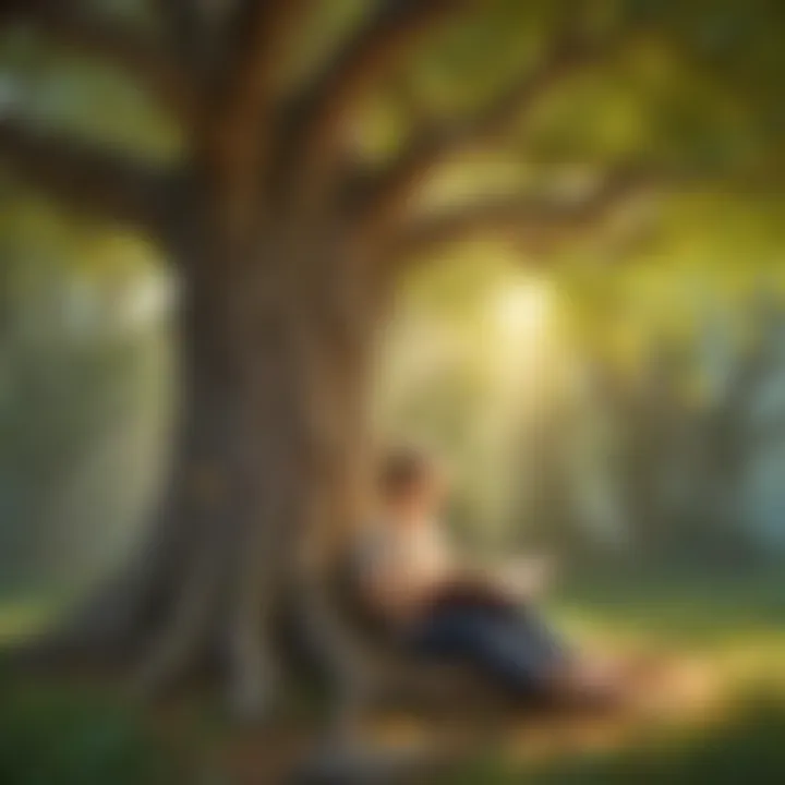 Illustration of a young child reading a book under a magical tree
