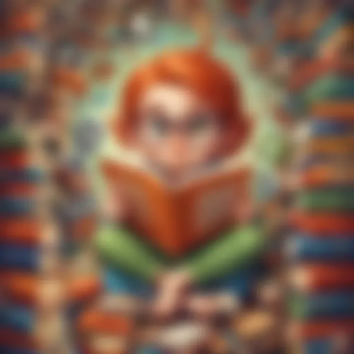 Illustration of a playful bookworm surrounded by a variety of books
