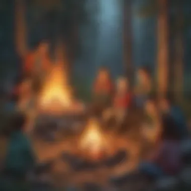 Preschoolers gathered around a campfire for storytelling