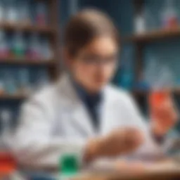 A young scientist examining a colorful chemical reaction in a lab.