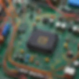 A colorful circuit board with various components