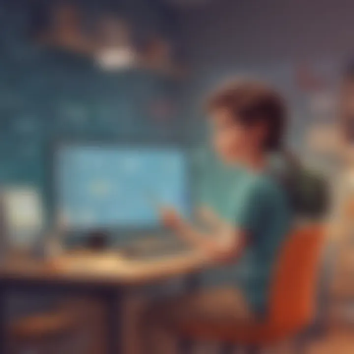 An educational screen showing coding concepts being taught through engaging animations and characters.
