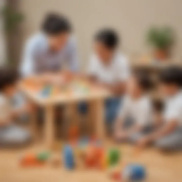 Caregivers facilitating a collaborative building session with children using Emido blocks