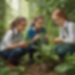 A group of young scientists examining a plant during a scavenger hunt