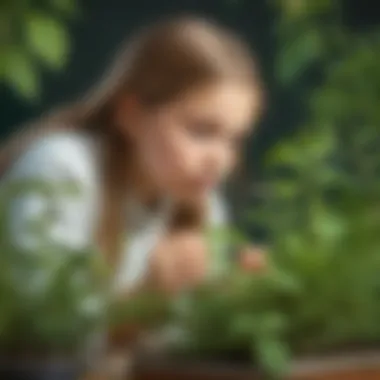 Young girl examining plant growth in a science project