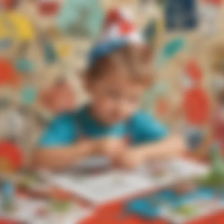 Preschooler creating Dr. Seuss-themed collage