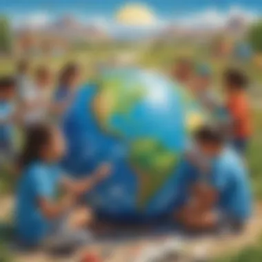 Kids painting a mural of the Earth