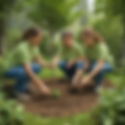 Youth planting tree saplings in a lush garden