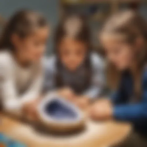 Kindergarten students examining a sparkling geode