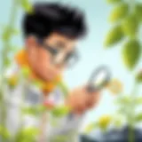 Examining Nature A young scientist examining plants with a magnifying glass.