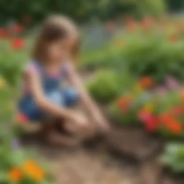 Preschooler planting seeds in a small garden with colorful flowers