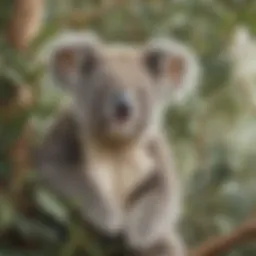 A close-up of a koala resting in a eucalyptus tree, showcasing its distinct fur and facial features.