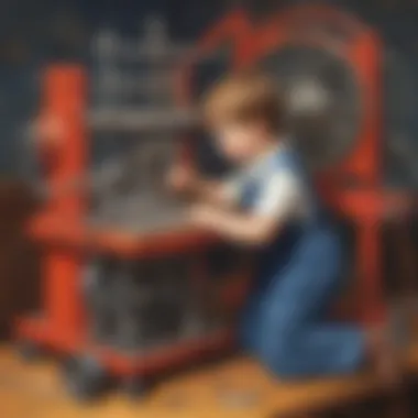 Illustration of a child constructing and testing a simple machine