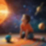 A young child gazing at a colorful solar system model, captivated by the planets.