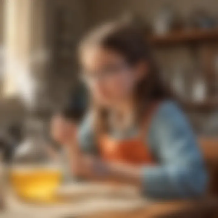 Young girl observing a chemical reaction in a home science experiment